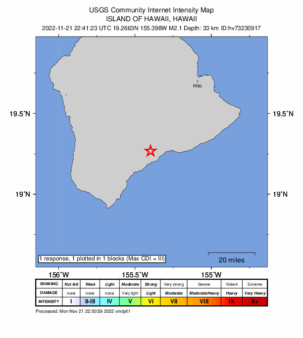 USGS DYFI community-reported intensity map for the M2.1 earthquake near 11 km NE of P?hala, Hawaii