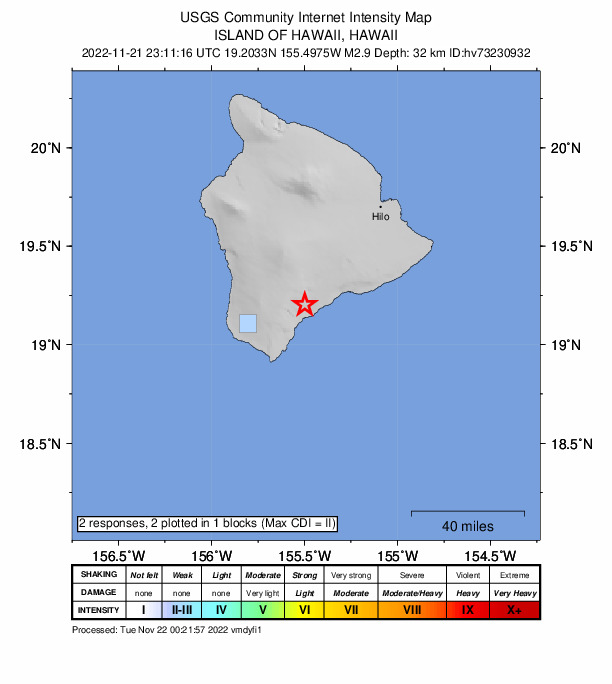 USGS DYFI community-reported intensity map for the M2.9 earthquake near Island of Hawaii, Hawaii