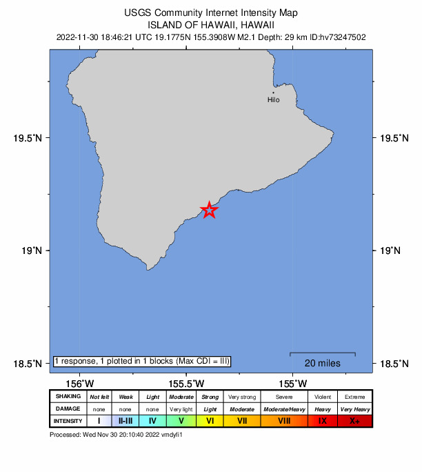 USGS DYFI community-reported intensity map for the M2.1 earthquake near 9 km ESE of P?hala, Hawaii