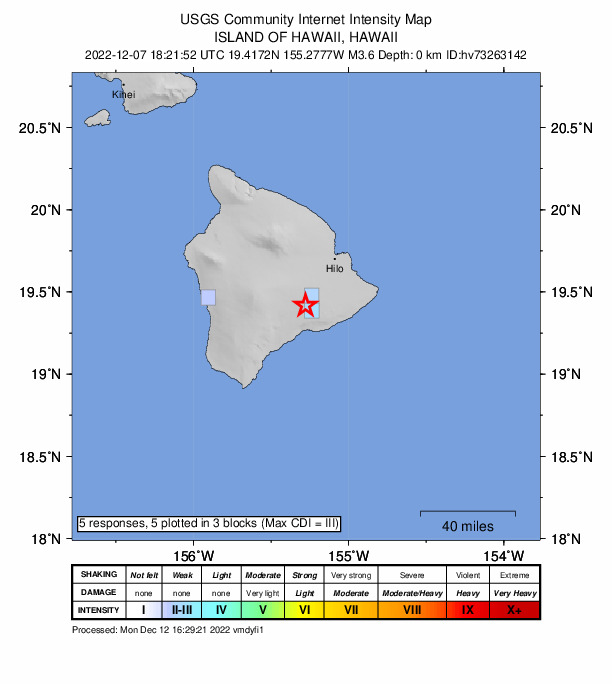 USGS DYFI community-reported intensity map for the M2.7 earthquake near 5 km WSW of Volcano, Hawaii