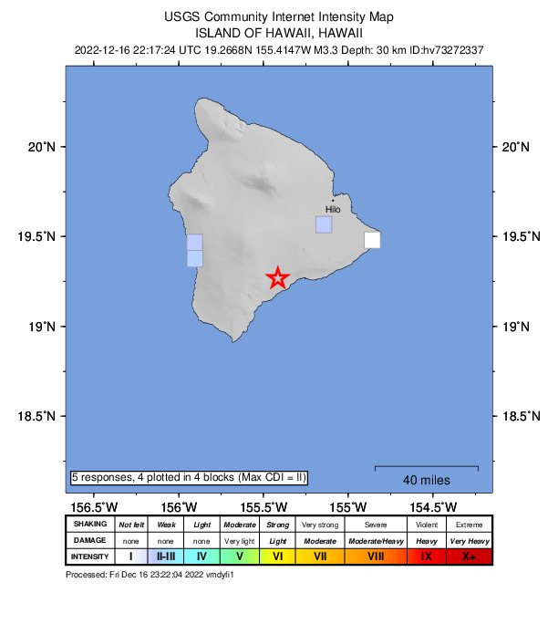 USGS DYFI community-reported intensity map for the M3.3 earthquake near 9 km NE of P?hala, Hawaii