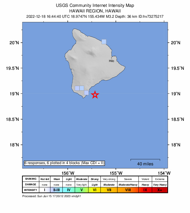 USGS DYFI community-reported intensity map for the M3.4 earthquake near 18 km ESE of Naalehu, Hawaii