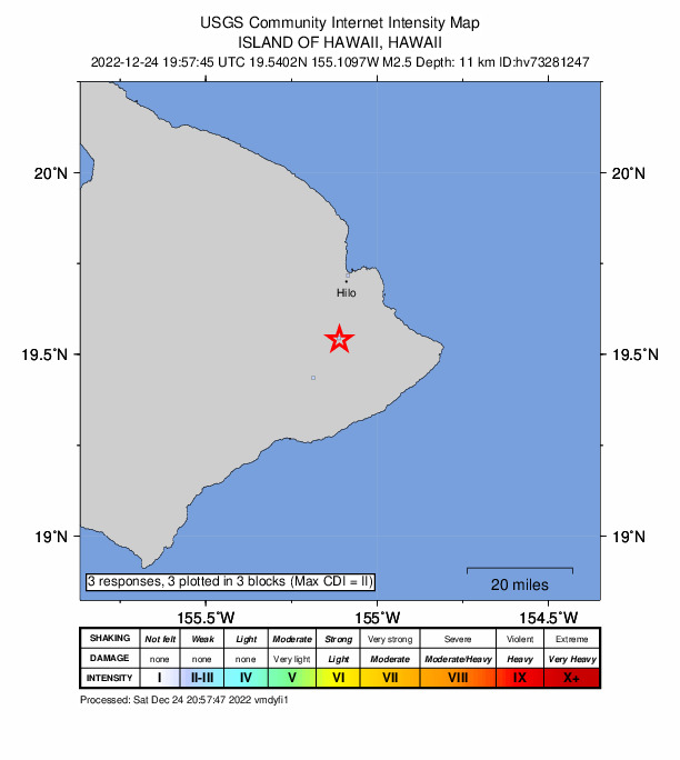 USGS DYFI community-reported intensity map for the M2.5 earthquake near 1 km SSW of Mountain View, Hawaii