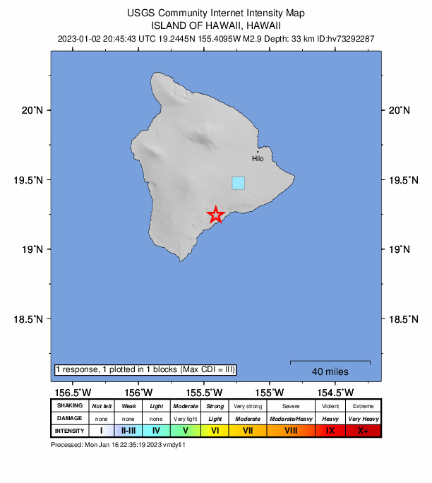 USGS DYFI community-reported intensity map for the M3.2 earthquake near 8 km ENE of Pāhala, Hawaii