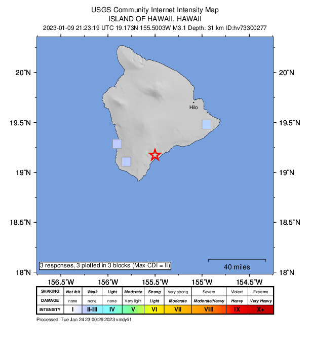 USGS DYFI community-reported intensity map for the M3.1 earthquake near 4 km SW of P?hala, Hawaii