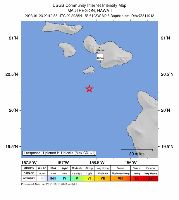 USGS DYFI community-reported intensity map for the M2.5 earthquake near Maui region, Hawaii