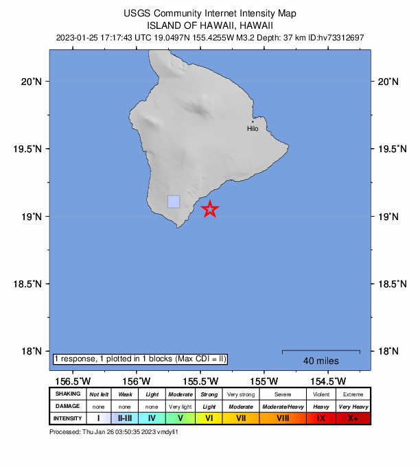 USGS DYFI community-reported intensity map for the M3.2 earthquake near 16 km E of Naalehu, Hawaii