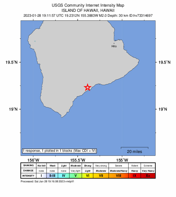 USGS DYFI community-reported intensity map for the M2.0 earthquake near Island of Hawaii, Hawaii