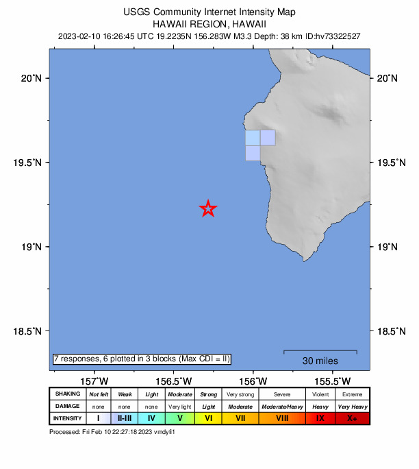 USGS DYFI community-reported intensity map for the M3.3 earthquake near Hawaii region, Hawaii