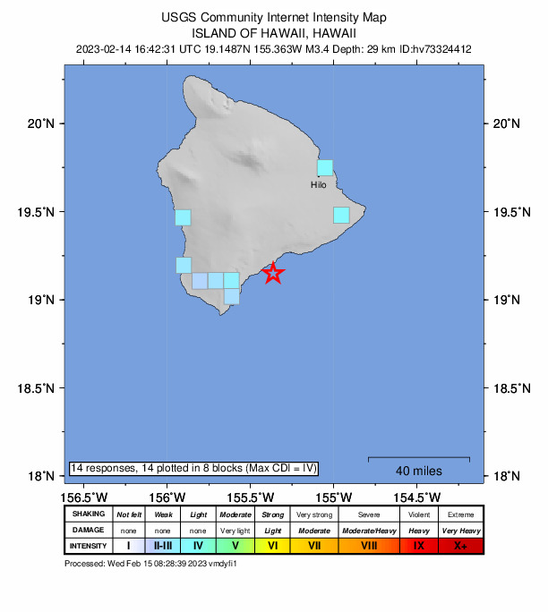 USGS DYFI community-reported intensity map for the M3.4 earthquake near 13 km ESE of P?hala, Hawaii