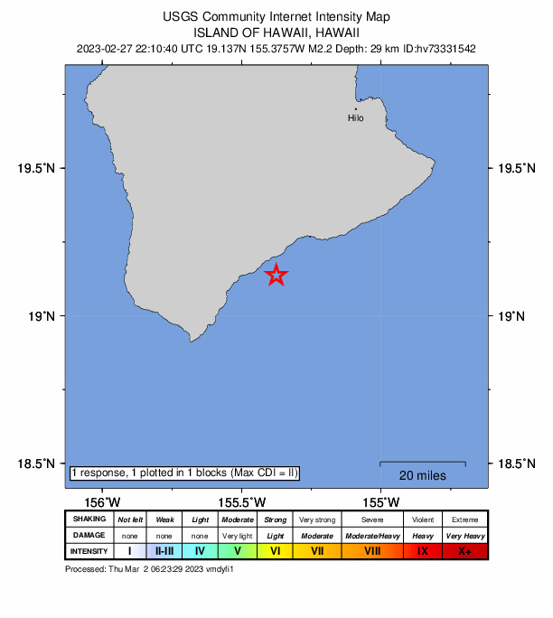 USGS DYFI community-reported intensity map for the M2.2 earthquake near 13 km SE of P?hala, Hawaii