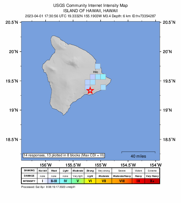 USGS DYFI community-reported intensity map for the M3.4 earthquake near Island of Hawaii, Hawaii