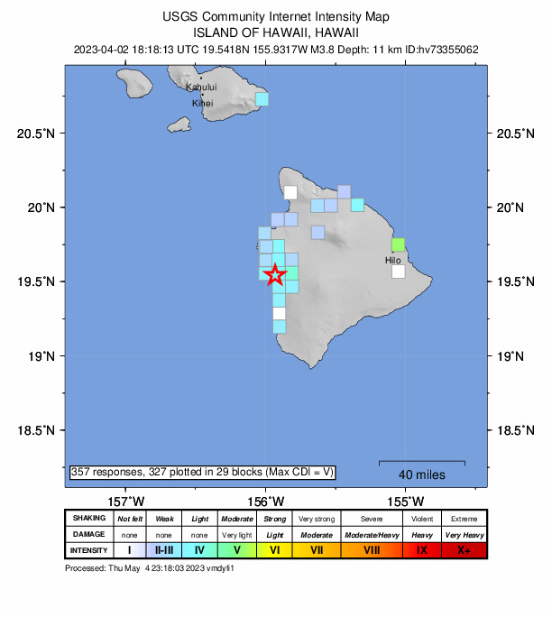 USGS DYFI community-reported intensity map for the M3.8 earthquake near 0 km S of Honalo, Hawaii