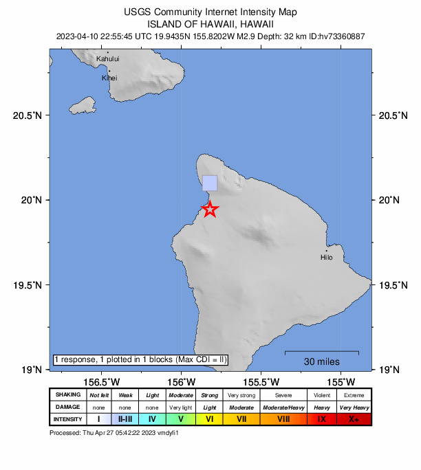 USGS DYFI community-reported intensity map for the M2.9 earthquake near 3 km W of Waikoloa, Hawaii