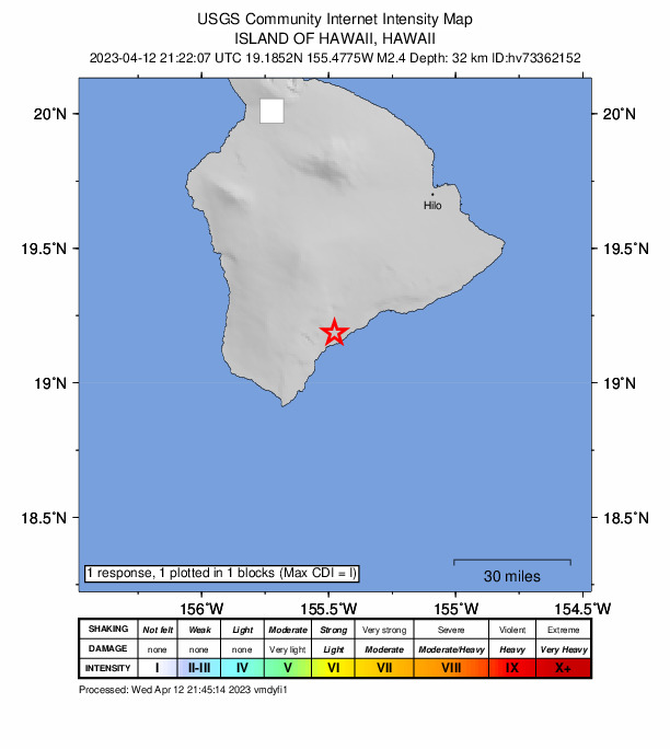 USGS DYFI community-reported intensity map for the M2.4 earthquake near 1 km S of P?hala, Hawaii