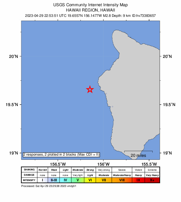 USGS DYFI community-reported intensity map for the M2.8 earthquake near 15 km W of Kailua-Kona, Hawaii