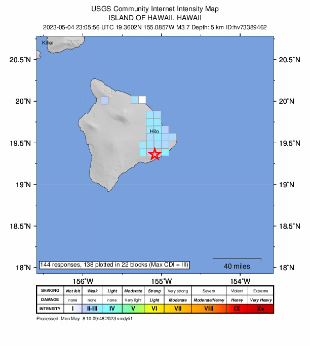 USGS DYFI community-reported intensity map for the M3.7 earthquake near 12 km SSE of Fern Forest, Hawaii