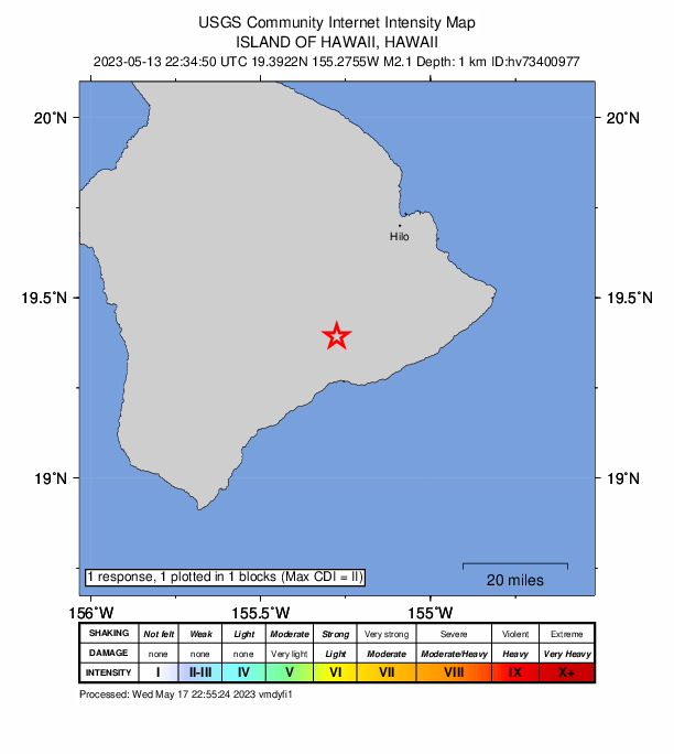 USGS DYFI community-reported intensity map for the M2.1 earthquake near 7 km SW of Volcano, Hawaii