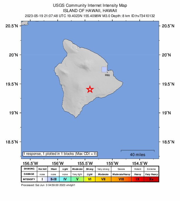 USGS DYFI community-reported intensity map for the M3.0 earthquake near 19 km WSW of Volcano, Hawaii