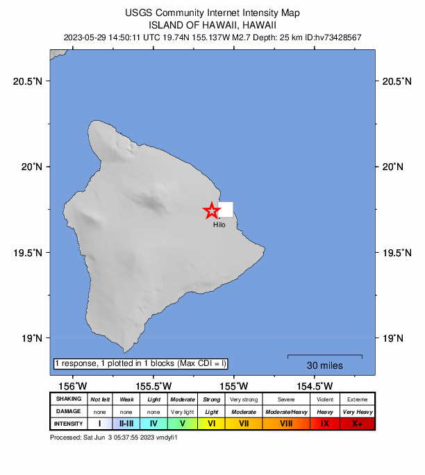 USGS DYFI community-reported intensity map for the M2.7 earthquake near 4 km W of Wainaku, Hawaii
