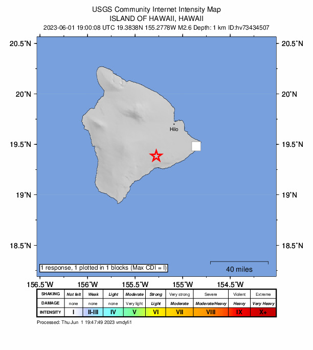 USGS DYFI community-reported intensity map for the M2.6 earthquake near Island of Hawaii, Hawaii