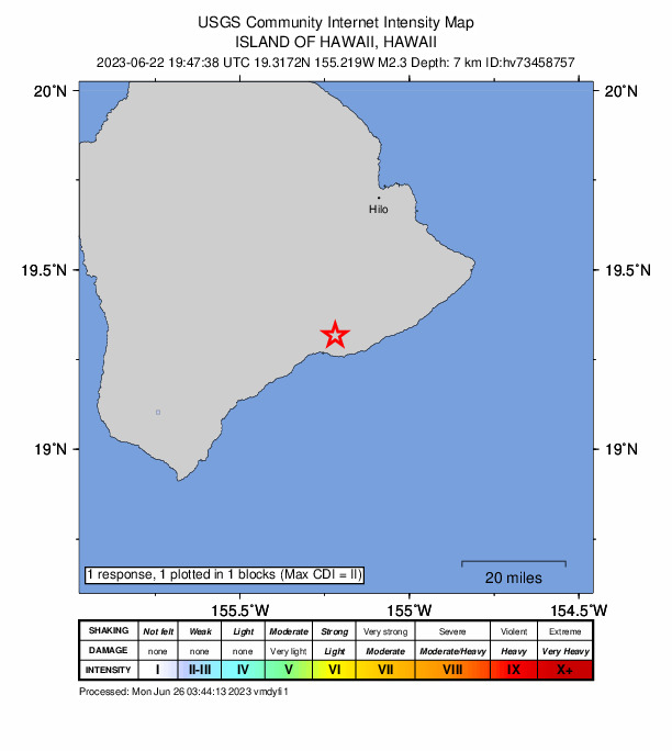 USGS DYFI community-reported intensity map for the M2.3 earthquake near 13 km S of Volcano, Hawaii