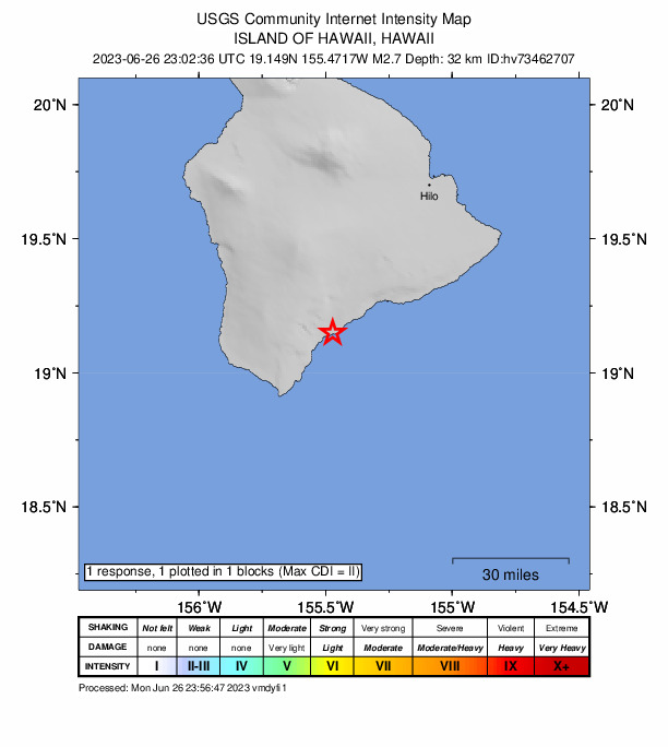 USGS DYFI community-reported intensity map for the M2.7 earthquake near 6 km S of Pāhala, Hawaii