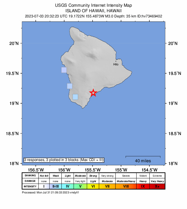 USGS DYFI community-reported intensity map for the M3.0 earthquake near 3 km SSW of Pāhala, Hawaii