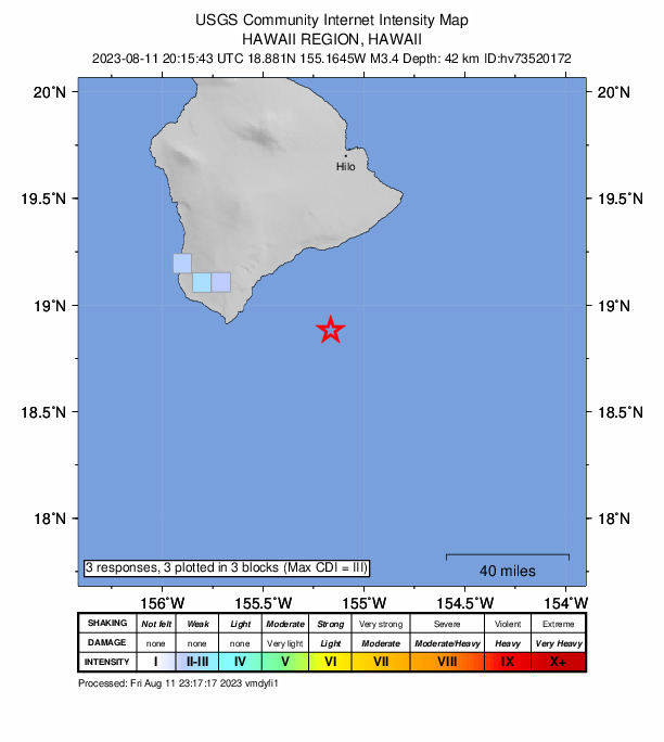 USGS DYFI community-reported intensity map for the M3.4 earthquake near 48 km ESE of Naalehu, Hawaii