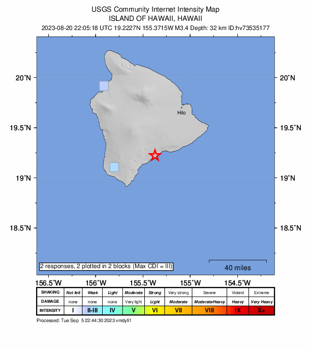 USGS DYFI community-reported intensity map for the M3.4 earthquake near 11 km E of Pāhala, Hawaii