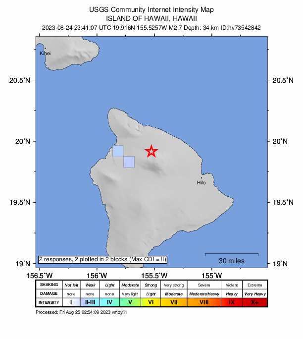 USGS DYFI community-reported intensity map for the M2.7 earthquake near Island of Hawaii, Hawaii