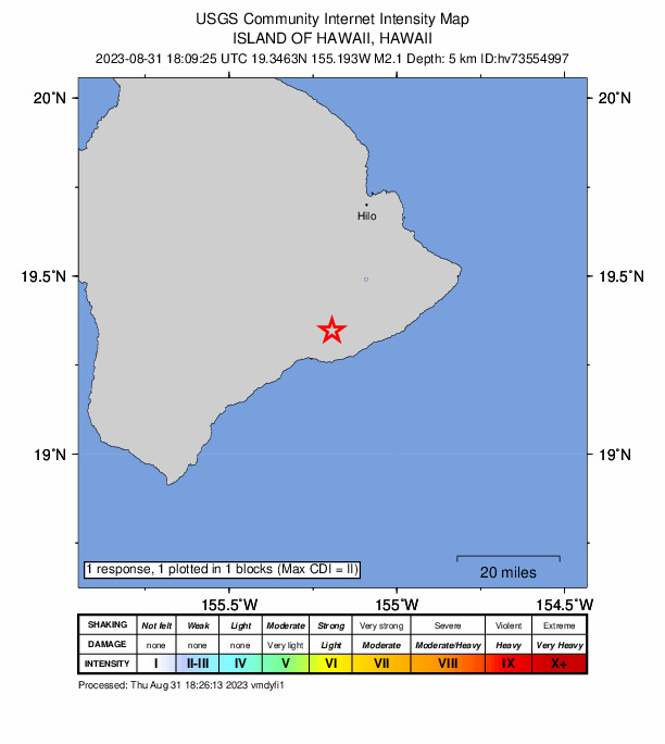 USGS DYFI community-reported intensity map for the M2.1 earthquake near 11 km SSE of Volcano, Hawaii