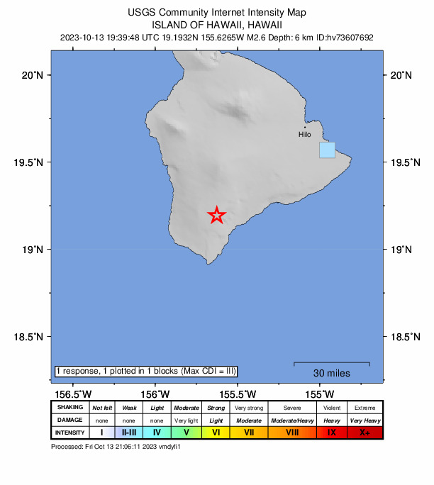 USGS DYFI community-reported intensity map for the M2.6 earthquake near 13 km N of Wai‘ōhinu, Hawaii