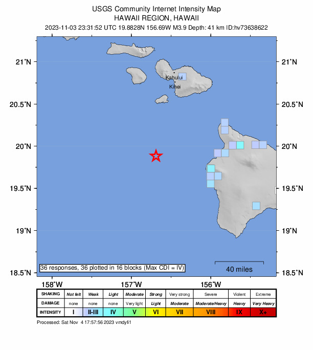 USGS DYFI community-reported intensity map for the M3.9 earthquake near 76 km WNW of Kalaoa, Hawaii