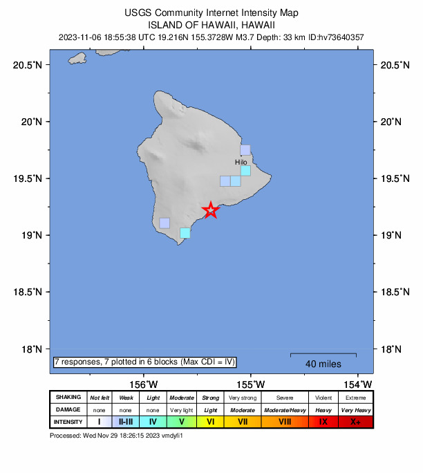 USGS DYFI community-reported intensity map for the M3.7 earthquake near Island of Hawaii, Hawaii