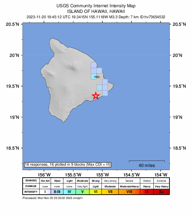 USGS DYFI community-reported intensity map for the M3.3 earthquake near 13 km S of Fern Forest, Hawaii