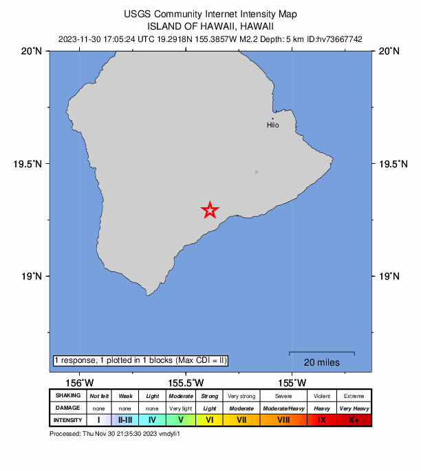 USGS DYFI community-reported intensity map for the M2.2 earthquake near 13 km NE of P?hala, Hawaii