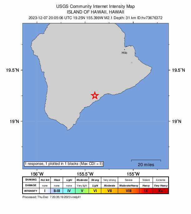 USGS DYFI community-reported intensity map for the M2.1 earthquake near 9 km ENE of Pāhala, Hawaii