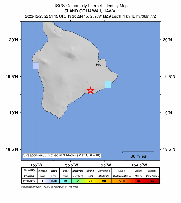 USGS DYFI community-reported intensity map for the M2.9 earthquake near 15 km S of Volcano, Hawaii