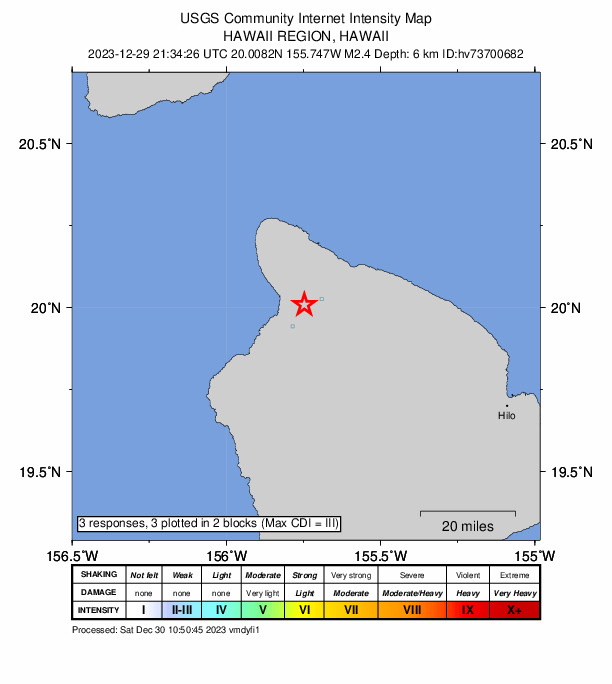USGS DYFI community-reported intensity map for the M2.4 earthquake near 7 km WSW of Waimea, Hawaii