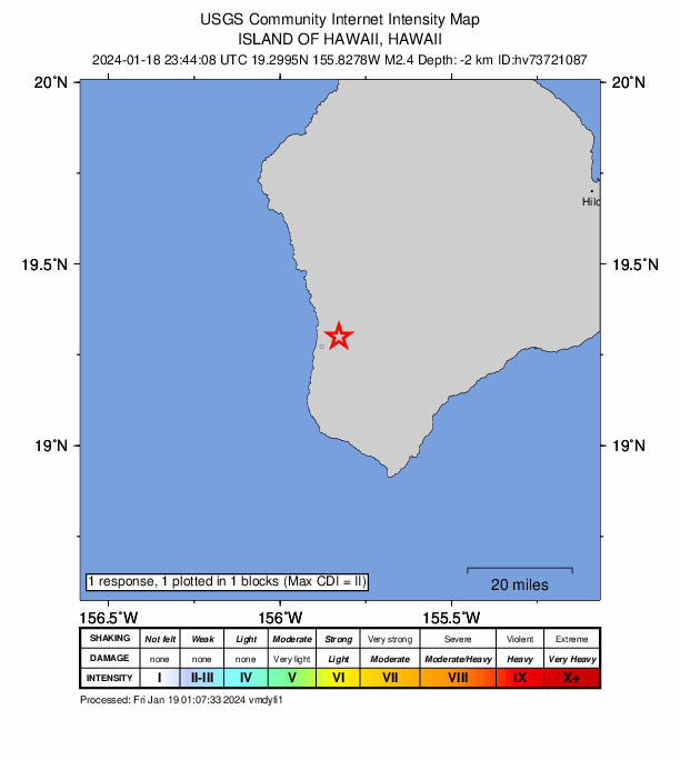 USGS DYFI community-reported intensity map for the M2.4 earthquake near 17 km SSE of Honaunau-Napoopoo, Hawaii