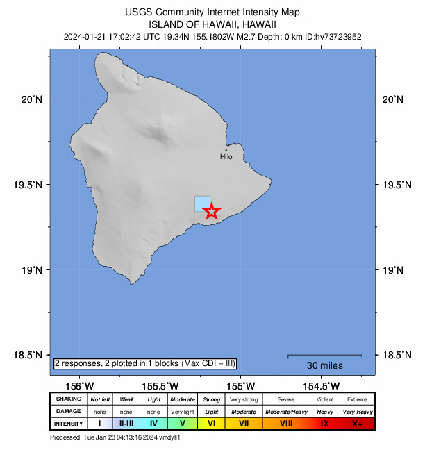 USGS DYFI community-reported intensity map for the M2.7 earthquake near 12 km SSE of Volcano, Hawaii