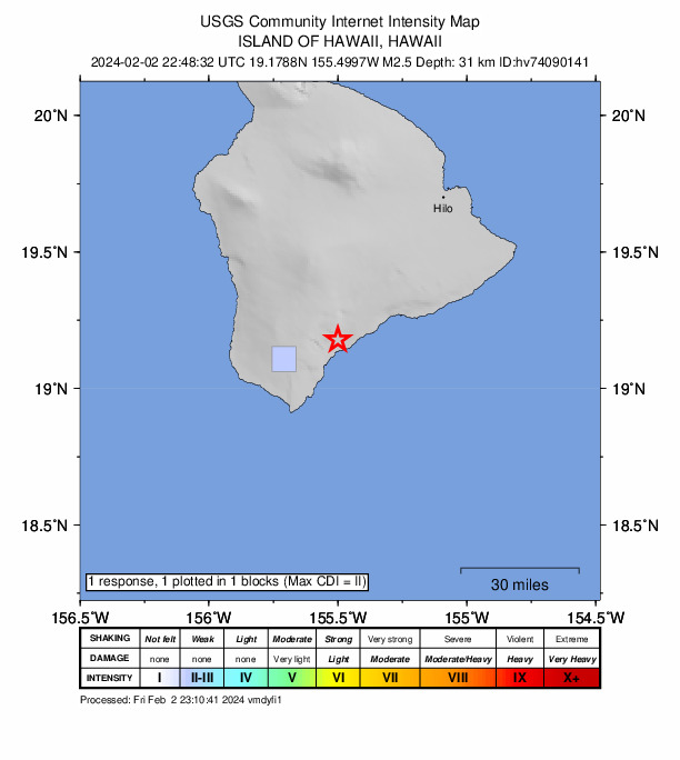 USGS DYFI community-reported intensity map for the M2.5 earthquake near 3 km SW of Pāhala, Hawaii