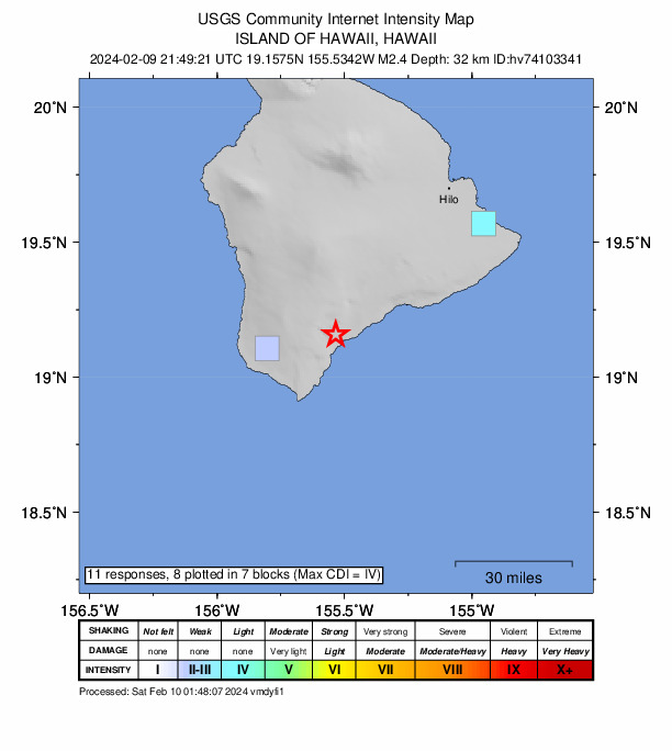 USGS DYFI community-reported intensity map for the M2.4 earthquake near 7 km SW of Pāhala, Hawaii