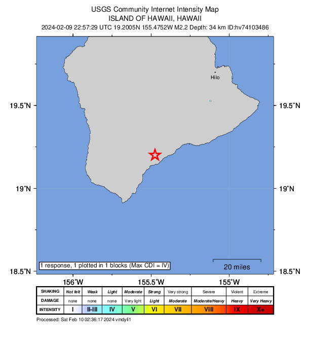 USGS DYFI community-reported intensity map for the M2.2 earthquake near 0 km SE of Pāhala, Hawaii