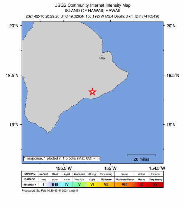 USGS DYFI community-reported intensity map for the M2.4 earthquake near 13 km SSE of Volcano, Hawaii