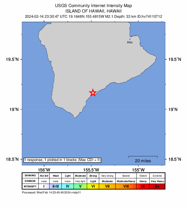 USGS DYFI community-reported intensity map for the M2.1 earthquake near 4 km S of Pāhala, Hawaii
