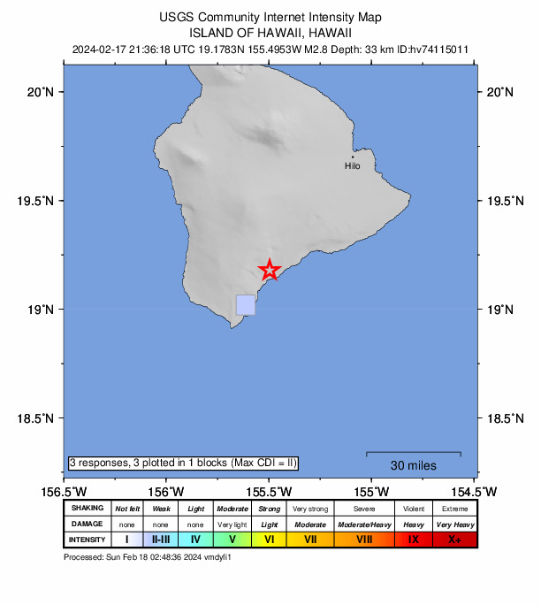 USGS DYFI community-reported intensity map for the M2.8 earthquake near 3 km SSW of Pāhala, Hawaii