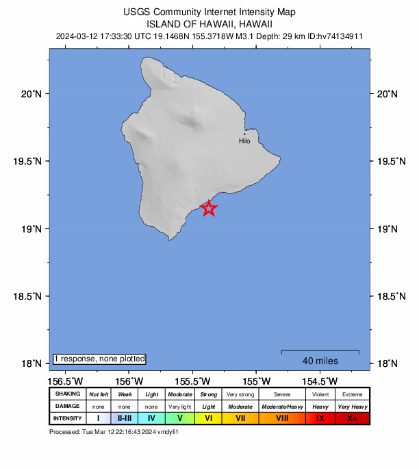 USGS DYFI community-reported intensity map for the M3.1 earthquake near 12 km ESE of Pāhala, Hawaii