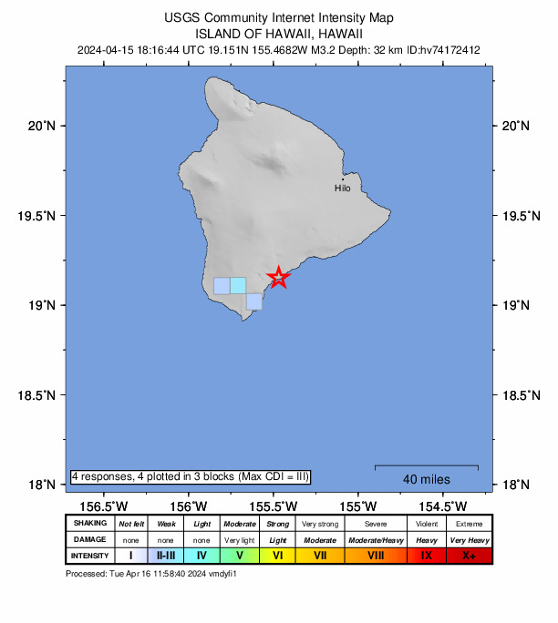 USGS DYFI community-reported intensity map for the M3.2 earthquake near 5 km S of Pāhala, Hawaii